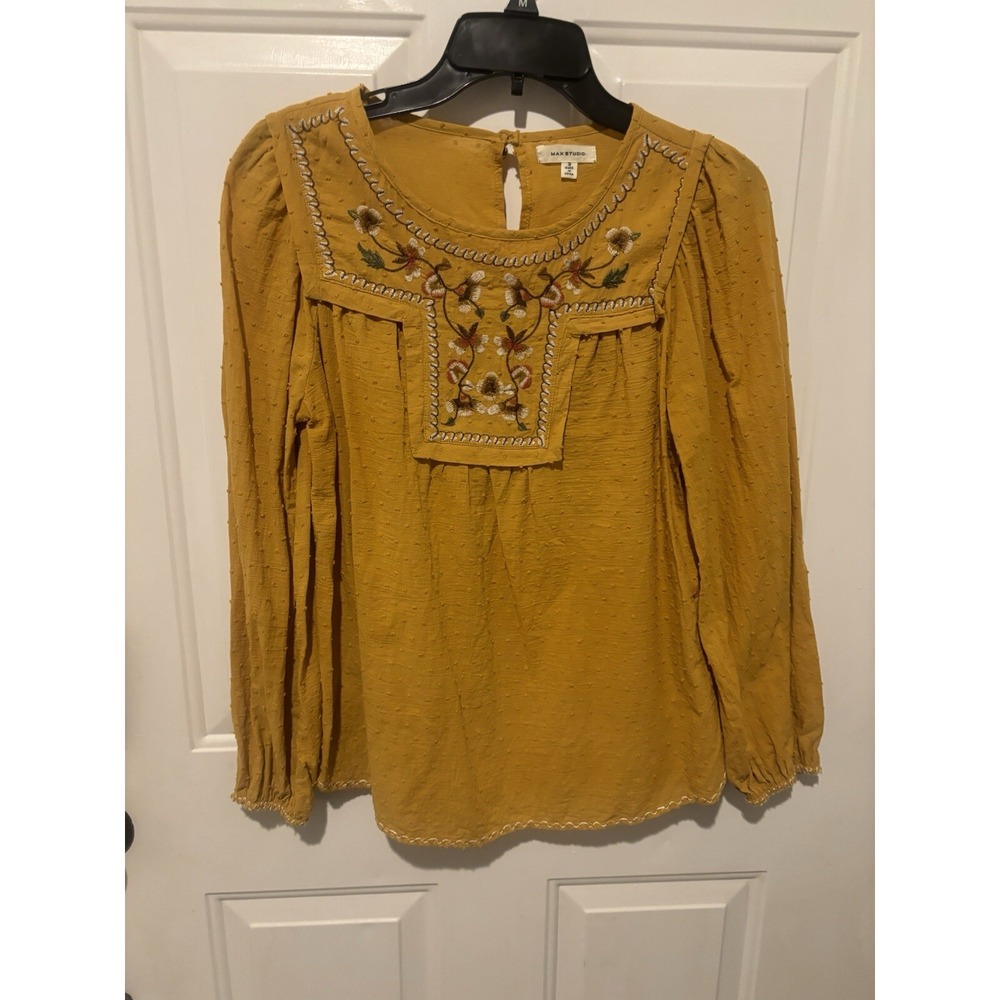 Max Studio Blouse Women's Small Boho Embroidered Swiss Dot Top Mustard Yellow
